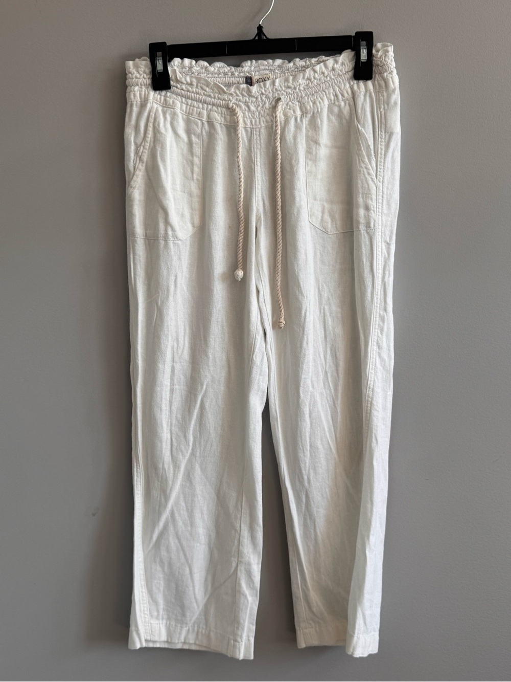 Roxy Womens XS White Linen Look Drawstring Pants Smocked Waist Beach Coastal
